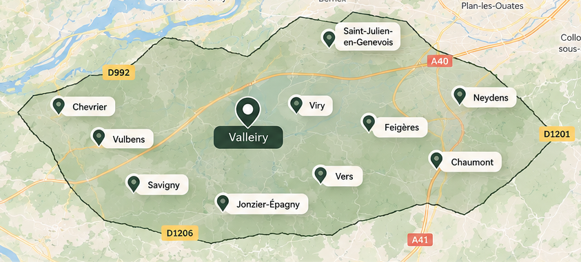 Carte de la zone de déplacement autour de Valleiry, avec Chevrier et les autres communes desservies